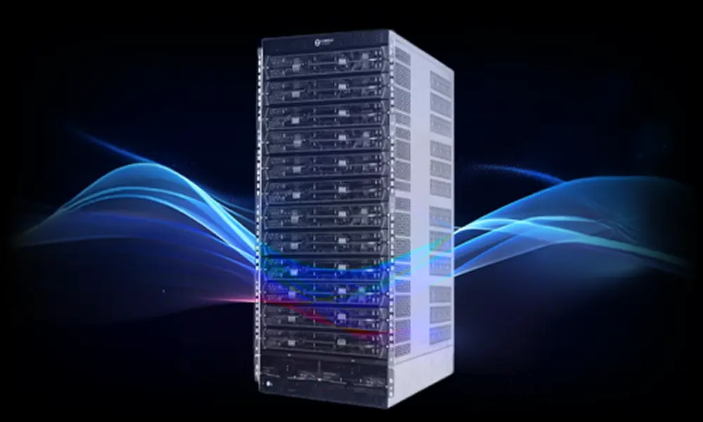 Cornelis server rack with a stylized design flourish graphic.