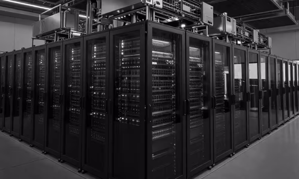 Server racks shown from the intersection of two corridors