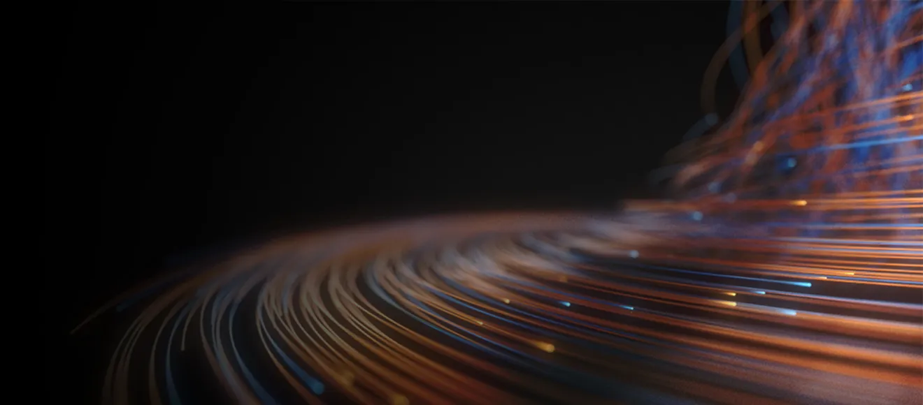 Stylized light lines orbiting around a common central point outside of the image.