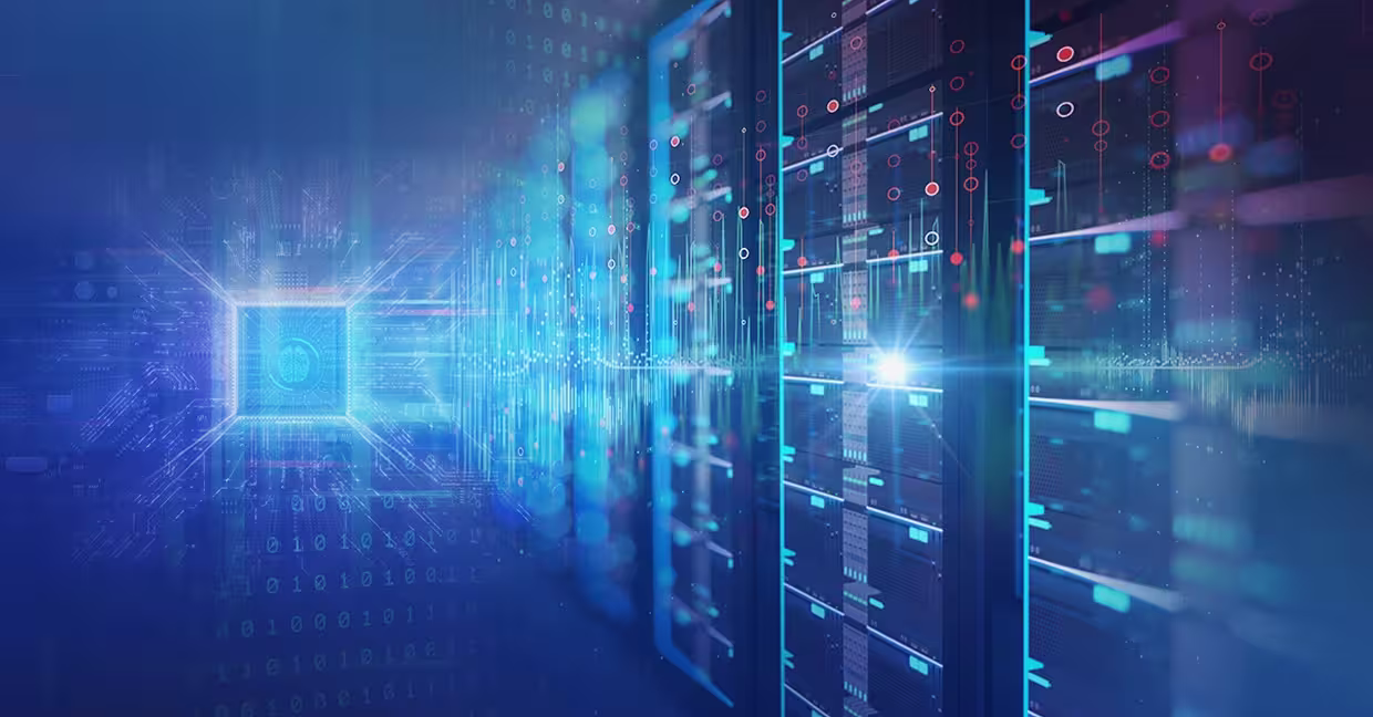 Stylized row of servers with computer motif overlay