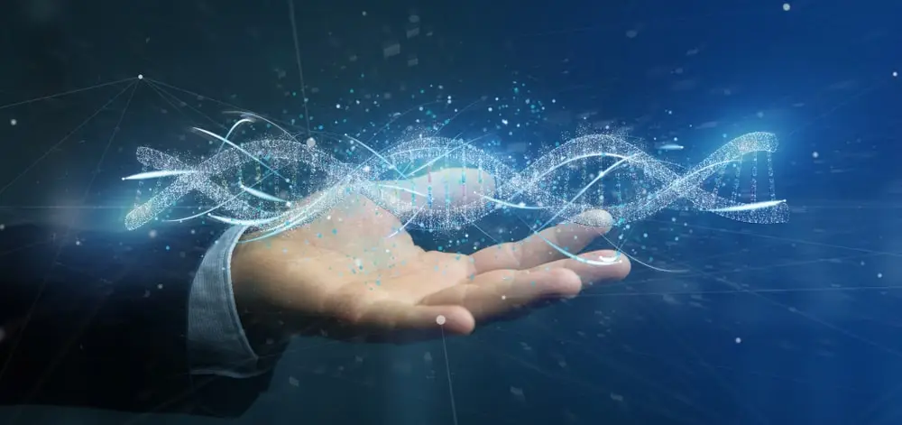 Simon 3D - hand holding stylized dna strand.