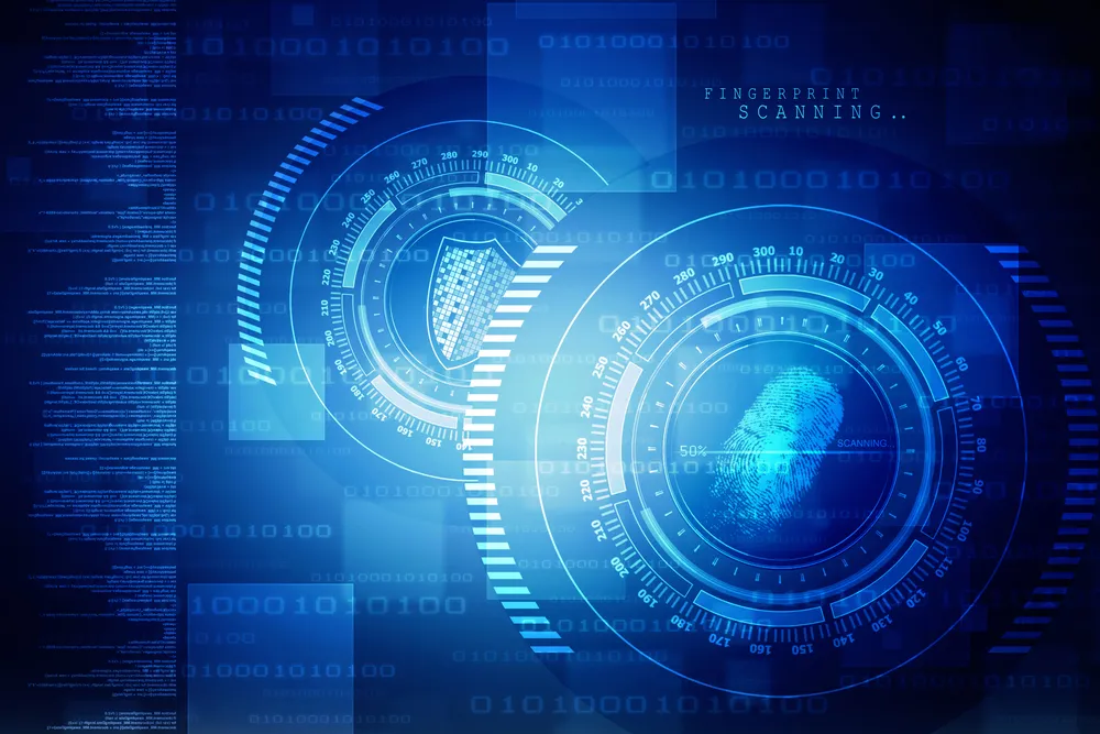 Stylized shield and fingerprint scanning